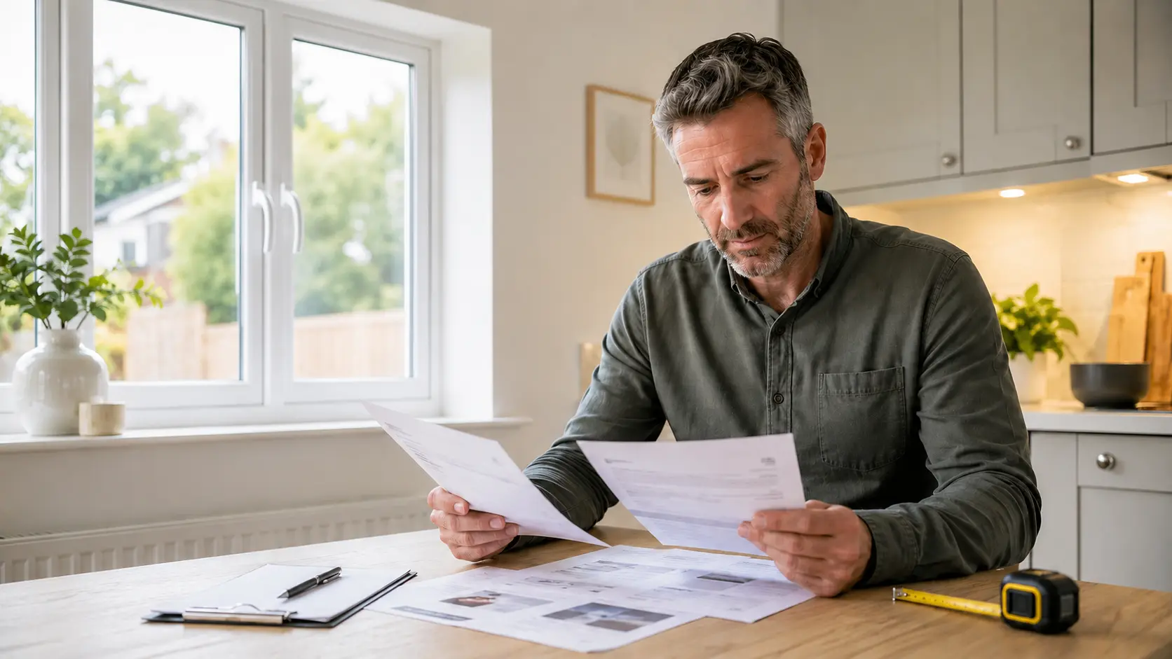 UK homeowner comparing double glazing quotes beside a white uPVC window